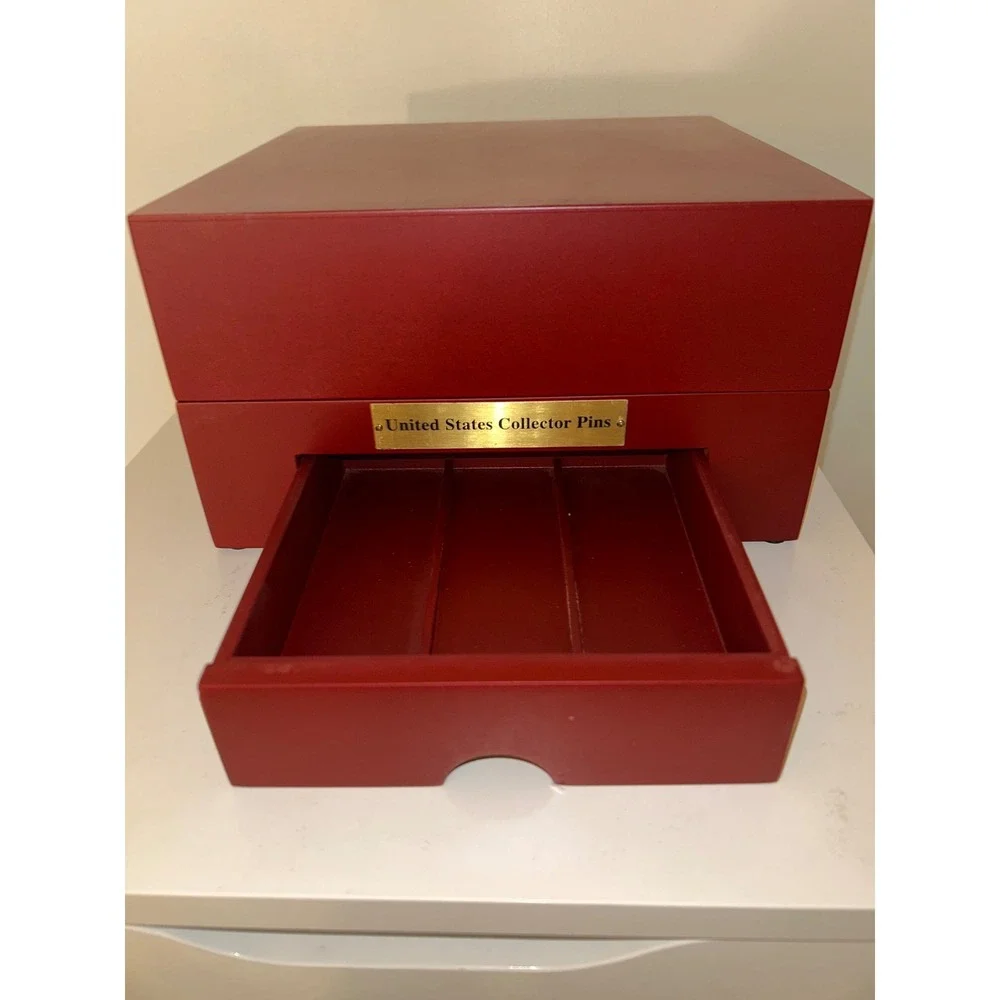 United States Collector Pins Wood Display Case Mahogany Velvet Lining Drawer